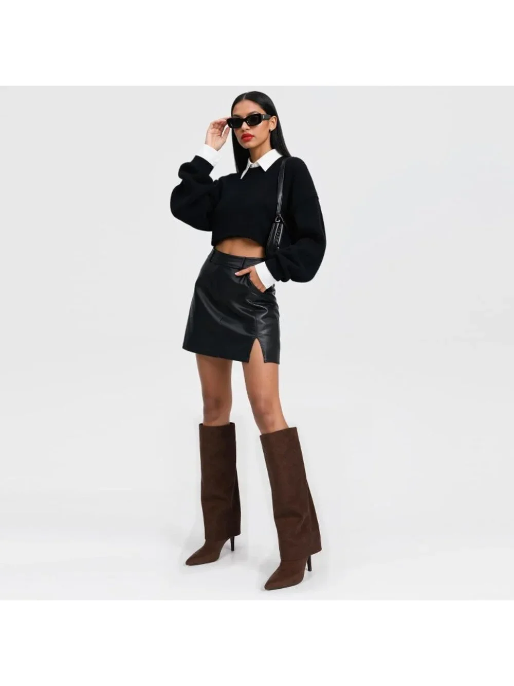 Women's Chocolate Suede Stiletto Heel Pointed Toe Chic Fold Over Knee High Boots
